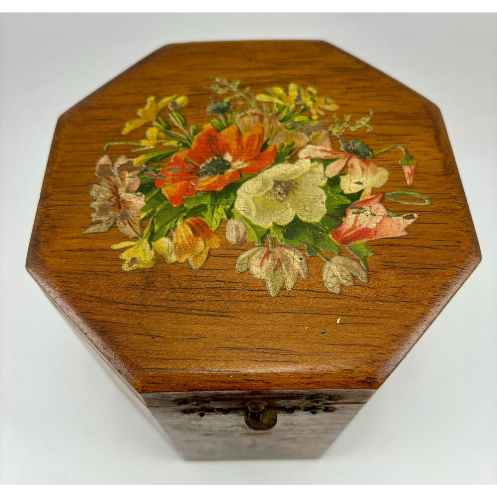 Vintage Lidded Wood Deco Box with Floral Pirate Ship Appliques Brass Closure